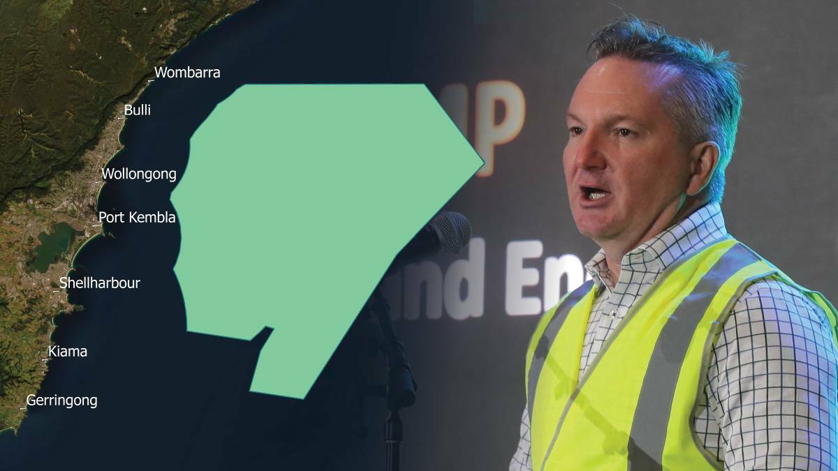 A map of the proposed offshore wind zone and Energy and Climate Change Minister Chris Bowen. Picture by Robert Peet
