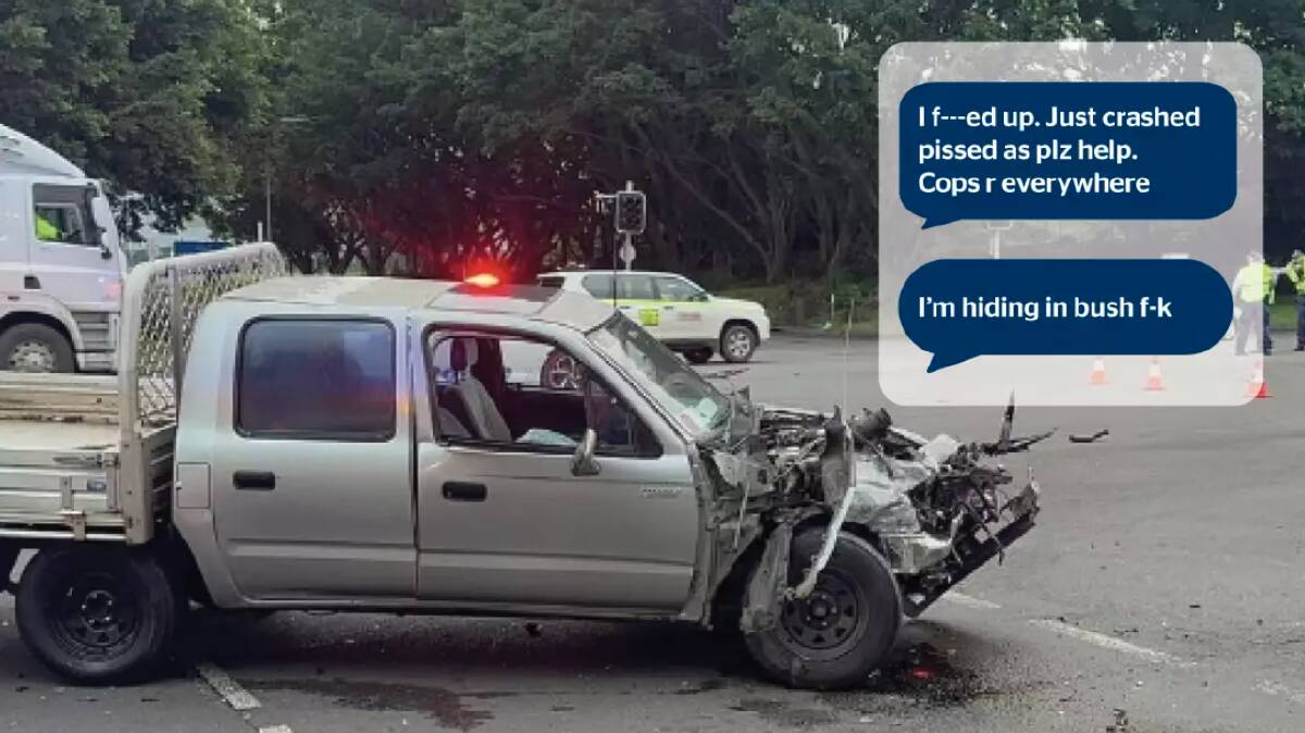 The victim's ute and text messages sent by Brett Forster after the crash. Picture supplied