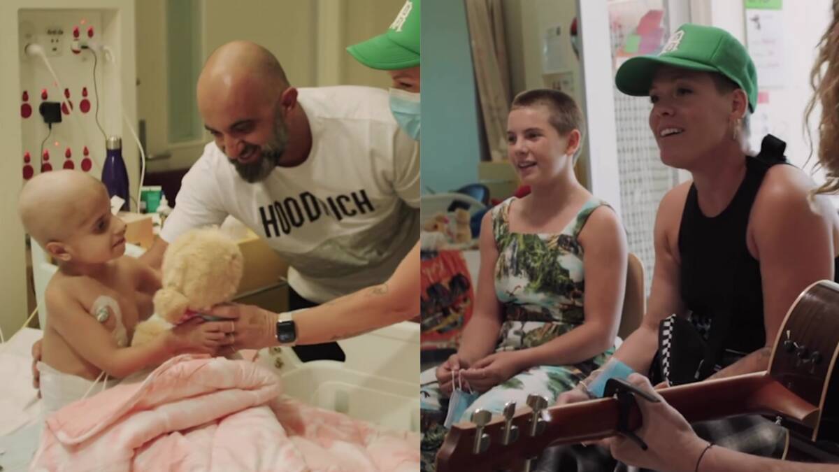 Pink hands a teddy bear to a child (left) and sings with her daughter Willow (right). Pictures via Instagram/@pink