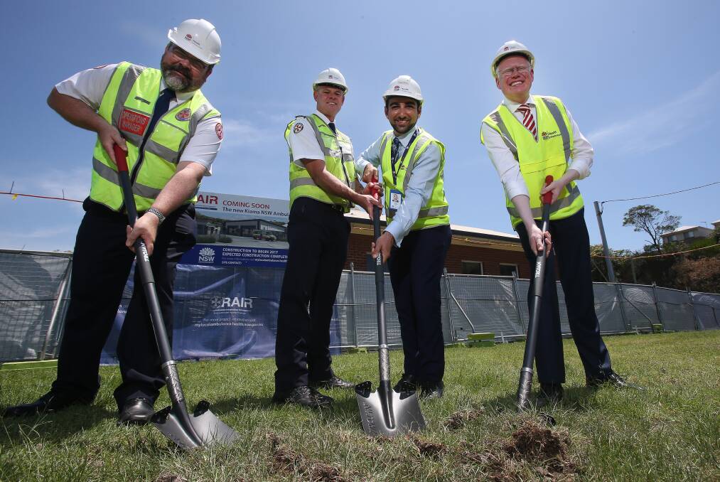 PITCH IN: Paul Edwards and Matthew Stirling from NSW Ambulance, Health Infrastructure senior project director Anthony Dimech and Kiama MP Gareth Ward turn the first sod at Kiama's new Ambulance Station. Photo: ROBERT PEET.