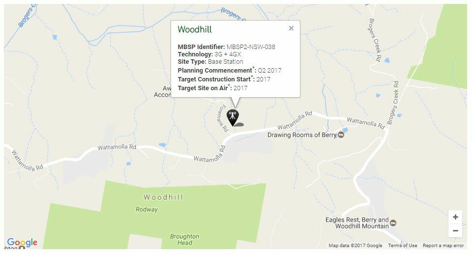 ON AIR: According to Telstra’s website, the base station at Woodhill is expected to be up and running this year. Image: Telstra Mobile Black Spot Locator.