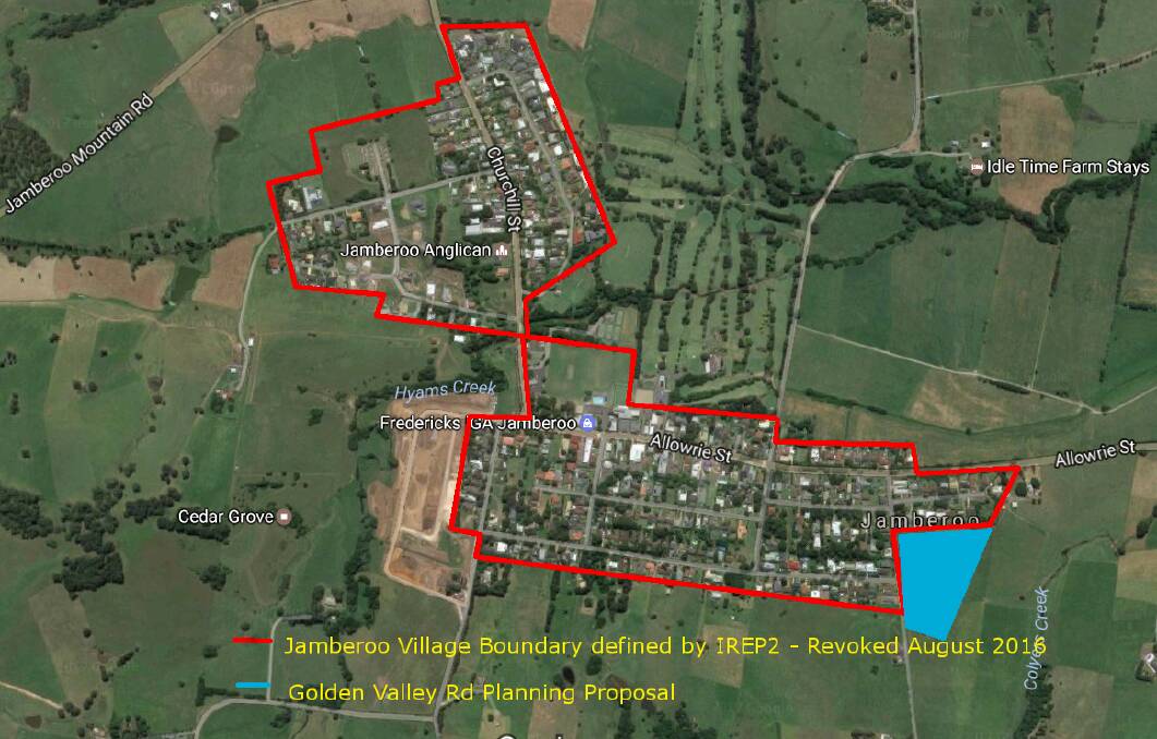 Diagram showing the former Jamberoo village boundary, removed by the NSW Government in August 2016, with the addition of the proposed 123 Golden Valley Road site, which falls outside the former village boundary. Image prepared by Roger Lyle.