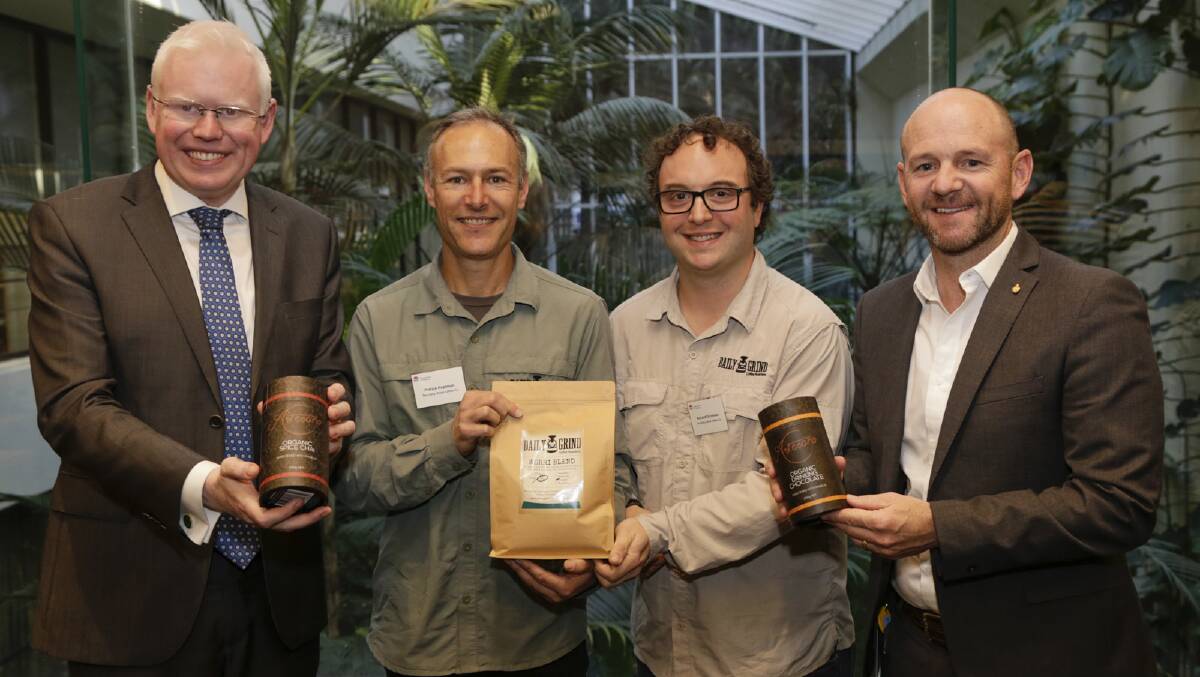 Kiama MP Gareth Ward with Patrick Hoptman and Richard DiLorenzo from The Daily Grind Coffee Company in Gerringong.