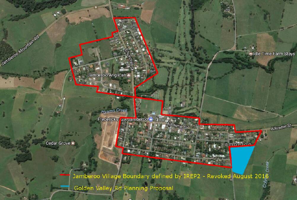 Diagram showing the former Jamberoo village boundary, removed by the NSW Government in August 2016. Image prepared by Roger Lyle.