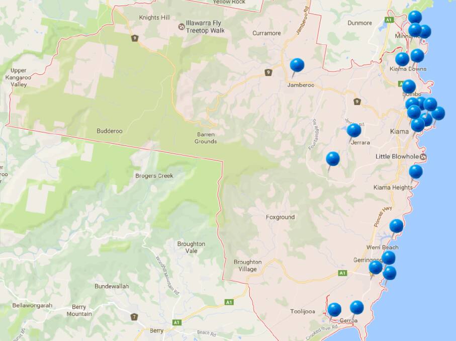A map of 24 of the 28 public amenities across the municipality under Kiama Council management.