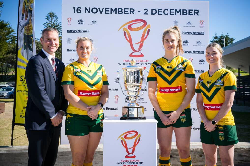 RLWC2017 CEO Andrew Hill, Jillaroos captain Ruan Sims, Kezie Apps, Maddie Studdon with Women's Rugby League World Cup trophy at Cronulla Beach. Photo: Narelle Spangher