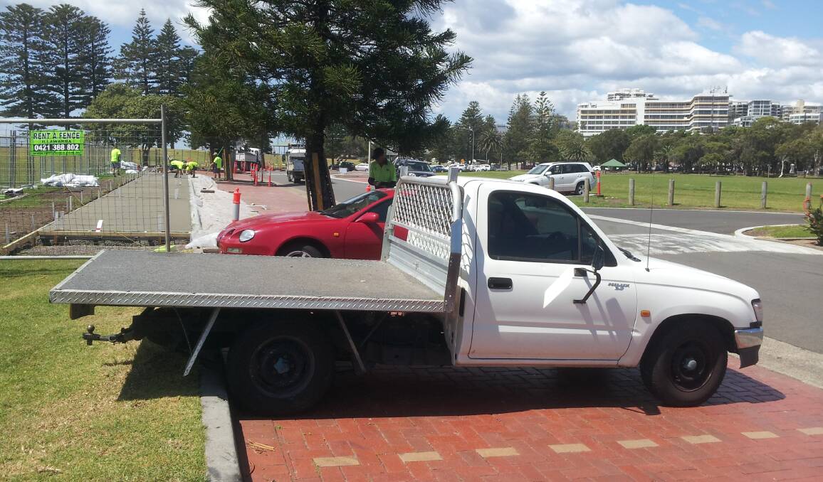 Hanging out: The tray of a ute overhanging the space where a footpath will be built. Resident Ian Young is concerned this will pose a risk for pedestrians. Picture: Ian Young