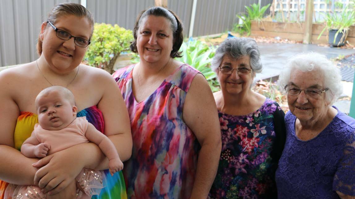 FAMILY LOVE: Five generations from one family is pretty special. Little Sophia Shafer, 9-and-a-half weeks old, with her mother, Christina Shafer, 19, grandmother Maria Cox, great grandmother Margaret Grey and the matriarch of the family, great, great grandmother Hazel Grey. Picture: Kia Woodmore