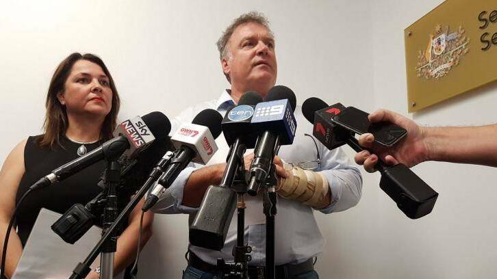 Mr Culleton and his wife Ioanna address media. Photo: Emma Young
