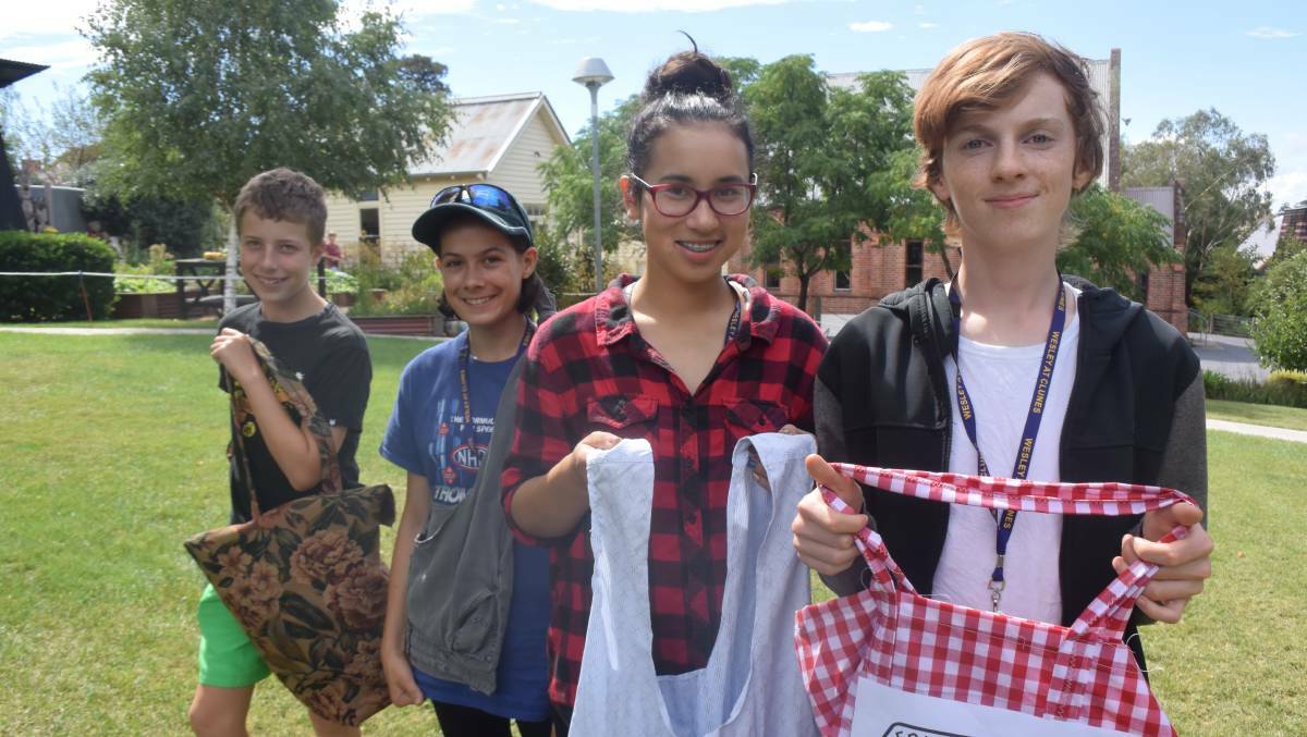 Switching: Wesley College students Tom, Annabelle, Hannah and Luca are part of a class leading the charge to rid Clunes of plastic bags.
