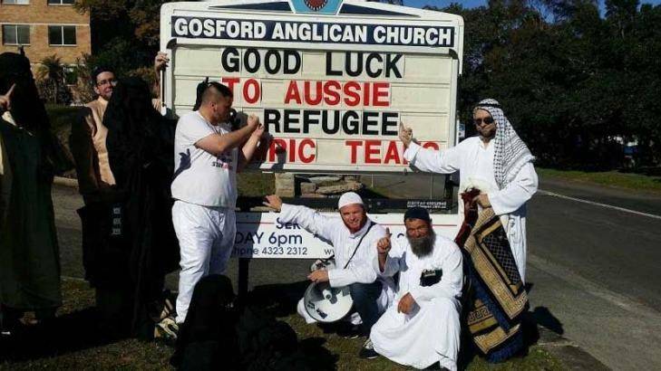 Party for Freedom members, dressed as Muslims, stormed the Gosford Anglican Church and interrupted a service. Photo: Party for Freedom/Facebook
