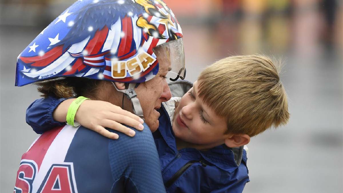 DAY 5: Kristin Armstrong hugs her son Lucas Armstrong Savola, 5, after she won the gold medal in the women's cycling road individual time trial at Rio 2016 on Wednesday, August 10, 2016. Photo: Aaron Ontiveroz/The Denver Post via Getty Images