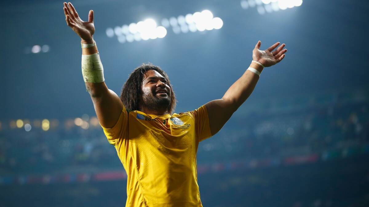 Tatafu Polota-Nau celebrates victory during the 2015 Rugby World Cup Pool A match between England and Australia at Twickenham Stadium on October 3, 2015 in London, United Kingdom. Photo by Mike Hewitt/Getty Images