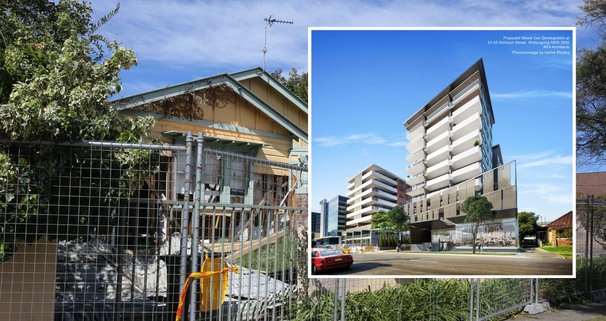 Rising from ashes: A $22 million commercial and residential tower (artist's impression inset) has been proposed for a dilapidated Atchison Street site in Wollongong. Photo: Robert Peet.