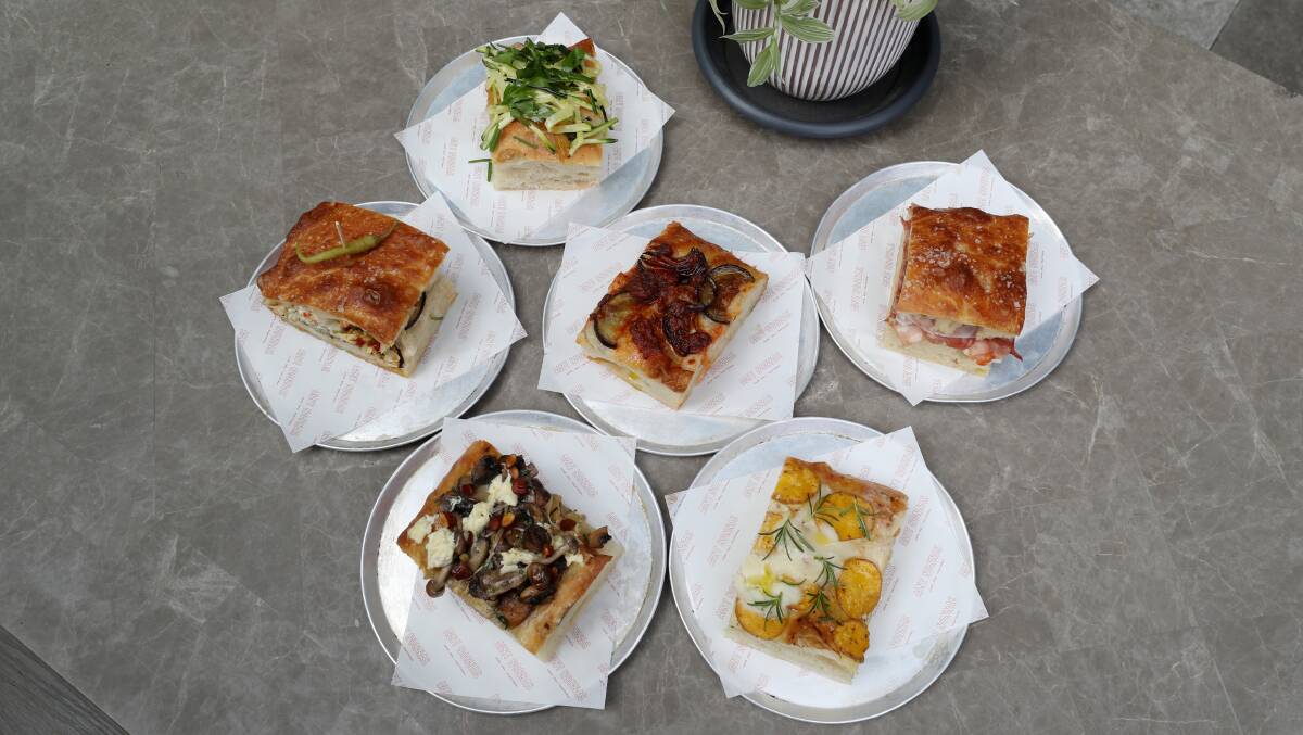 Each day, there's differnt toppings, like potato gorgonzola, mushroom and burrata, zucchini and herbs, or eggplant and nduja, while some focaccia is made into sandwiches filled with meat or vegetarian toppings. Picture by Robert Peet
