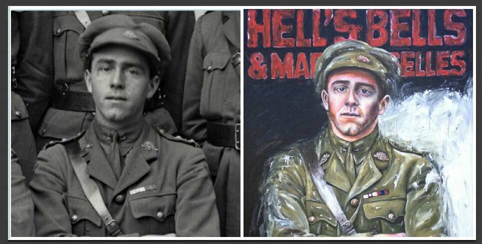 Lieutenant Joseph Maxwell VC cropped from one of the The Lost Diggers of Vignacourt collection (left) and artist George Petrou’s portrait of Joe Maxwell VC as part of The Lost Diggers of Vignacourt Exhibition. 
Original photo courtesy of the Australian War Memorial. Accession number  P10550.127 
The Louis and Antoinette Thuillier Collection of The Lost Diggers of Vignacourt have been donated to the Australian War Memorial by Kerry Stokes on behalf of Australian Capital Equity Pty Ltd.
