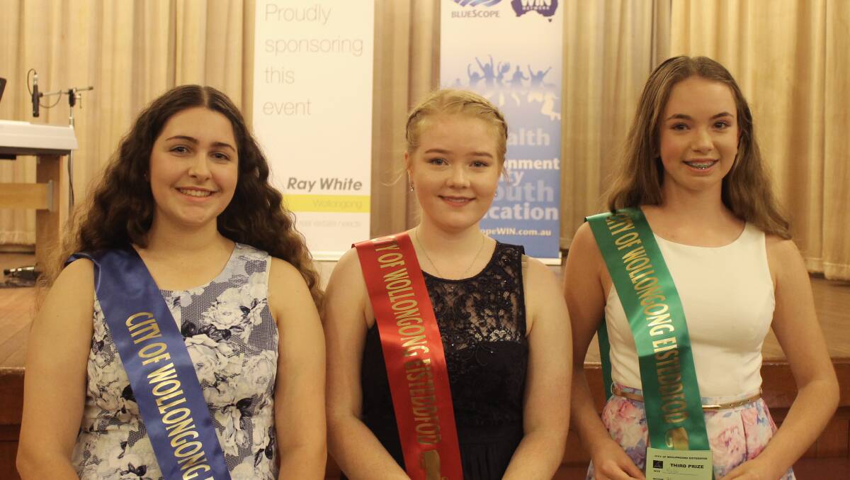 From the Inntermediate (13-16 years) Vocal Championship on Friday June 3. Alyssa Zanotto, Molly Stewart and Katelyn Pearce. Picture: Tony Purdon