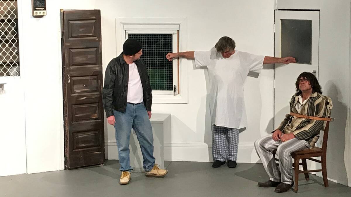 Tim Collins, Paul Girdlestone, Randall Pring rehearsing a seen from On Flew Over The Cuckoo's Nest. Picture: Supplied