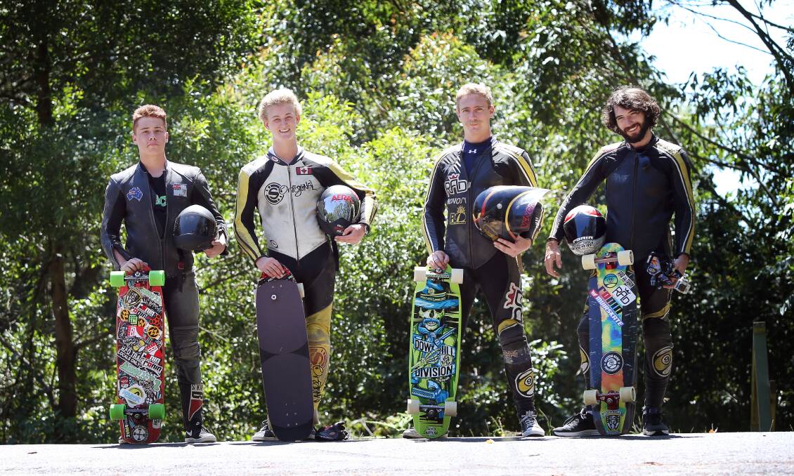 Mt Keira will again play host to the International Downhill Federation (IDF) World Cup again, bringing the best boarders to the region to compete on the winding mountain road. Tyron Knight, Alex Charleson, Jackson Shapiera and Jimmy Riha. Picture: Sylvia Liber