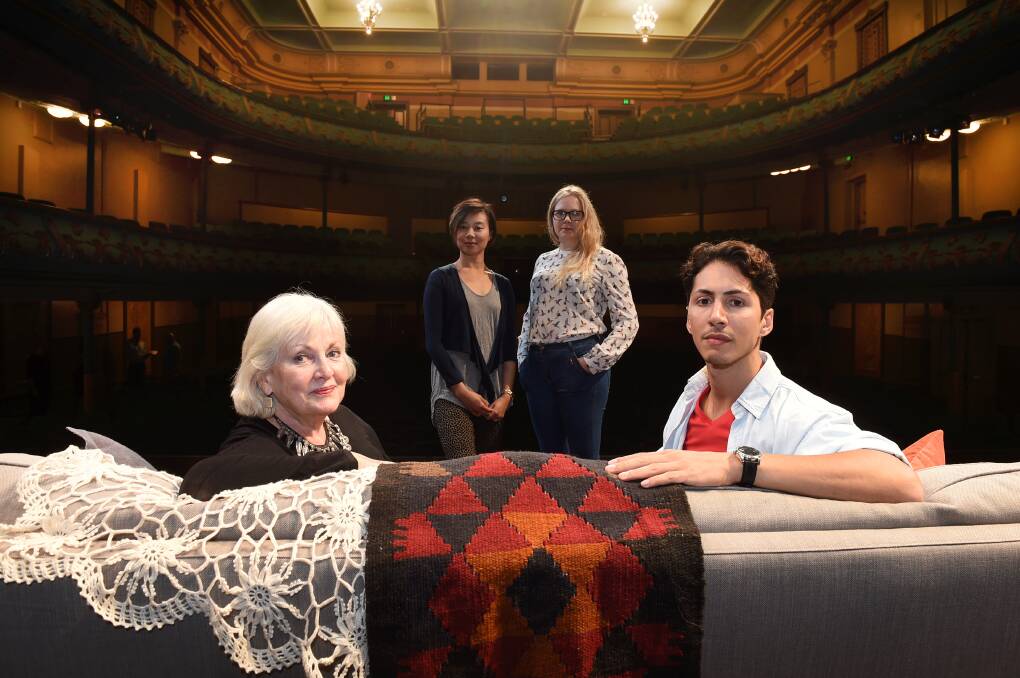 4000 Miles: Wollongong actress Aileen Huynh may shock her parents with a raunchy scene in the upcoming production at IPAC, from April 6. Shown with Eloise Snape, Diana McLean Stephen Multari. Picture: Lachlan Bence