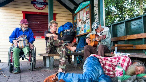 Homeless men at the main bus shelter in Byron Bay.  Photo: Natalie Grono
