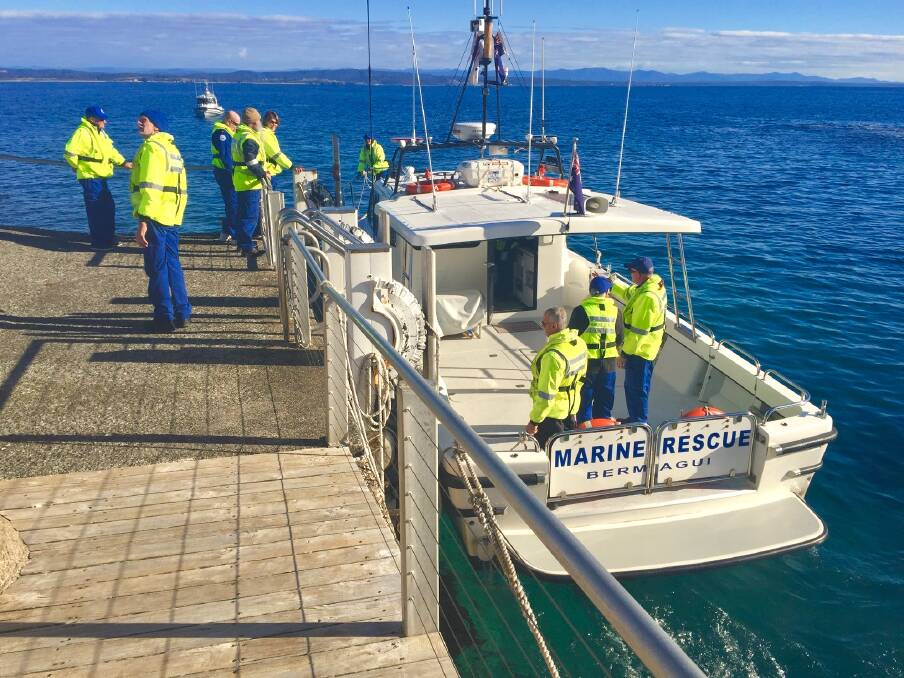 MARINE TRAINING: Bermagui's Marine Rescue vessel BG30 safely alongside the Montague Island jetty, embarking and disembarking personnel. 
