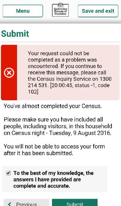 A mobile phone screenshot taken by Karen Jones of Merimbula on census night.