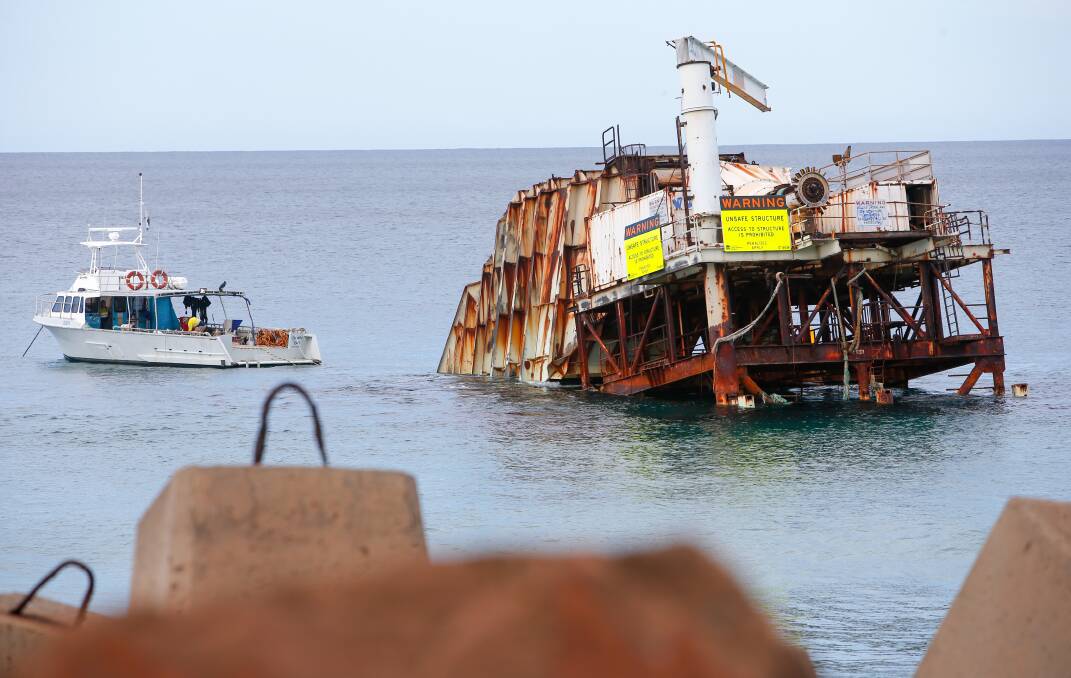 A dive boat anchors near the Oceanlinx wave generator at Oilies in May. Photo by Adam McLean 