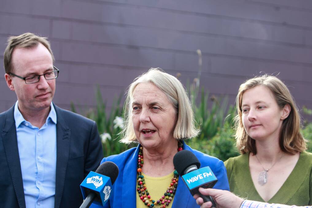 NSW Senator Lee Rhiannon (centre) says the federal funding for an inland rail project will benefit BlueScope - even though it doesn't make rails. Picture: Georgia Matts