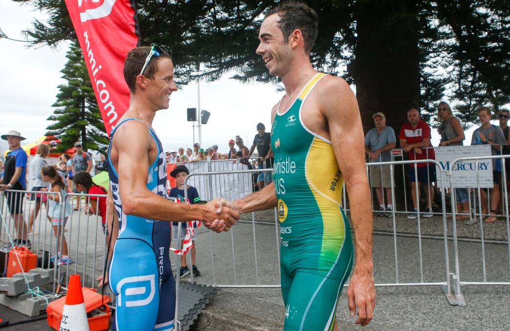 QUINELLA: Ryan Bailie shakes hands with training partner Jake Birtwhistle after the finish on Thursday. 