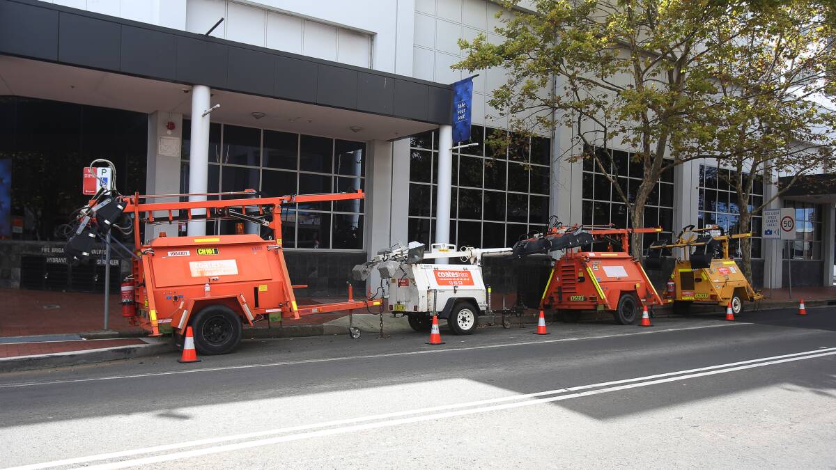 Construction equipment has been parked in disabled spaces outside the Illawarra Performing Arts Centre since at least Sunday. Pictures: Robert Peet