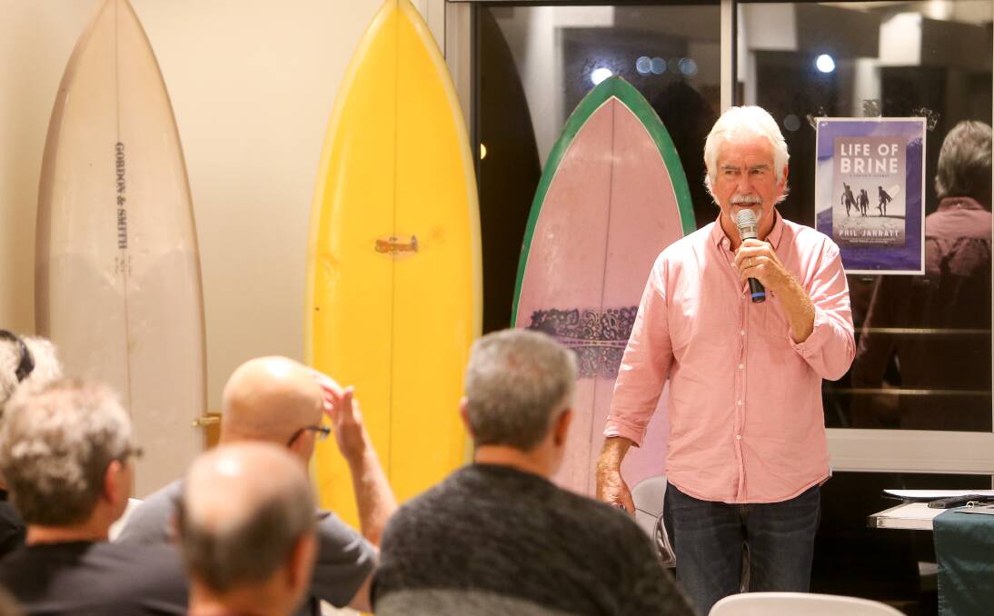 Writer Phil Jarrett speaking about his book 'Life Of Brine: A Surfers Journey' at the Sandon Point surf club in August 2017. Picture: Adam McLean