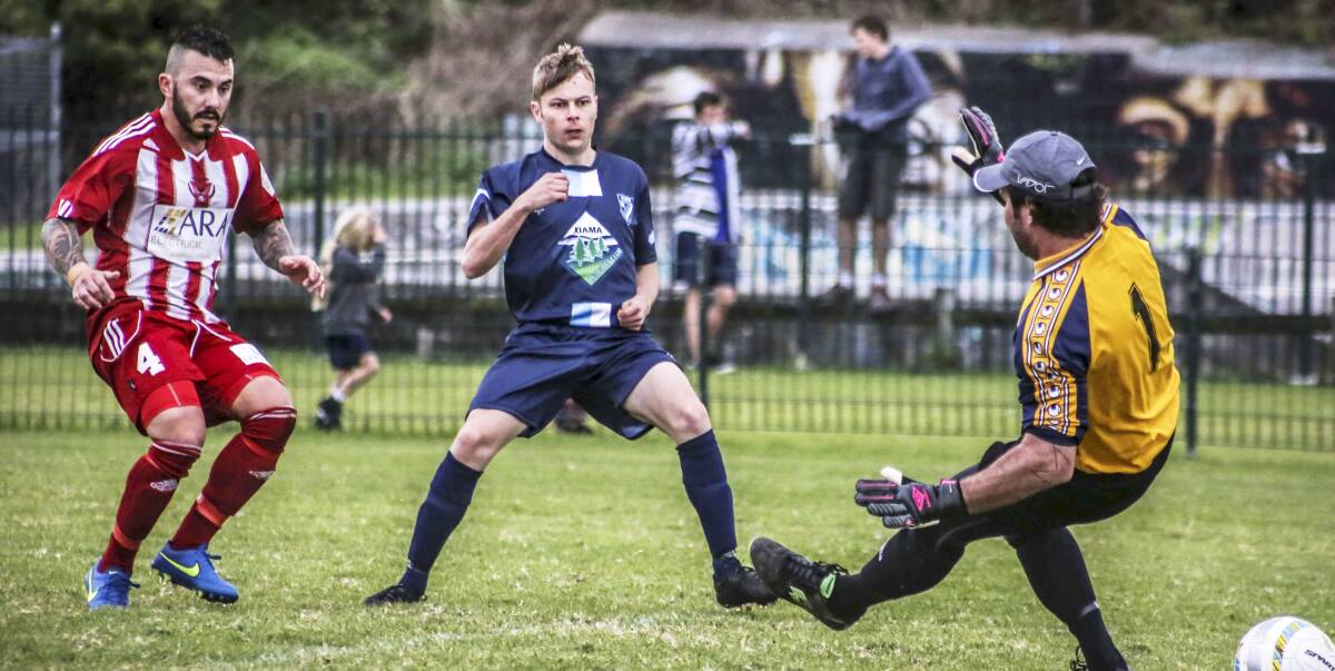 Opportunity missed: Daniel Swinton scores for Quarriers against Oak Flats last season. He was not so lucky on Saturday against Bellambi, blasting one over the bar.