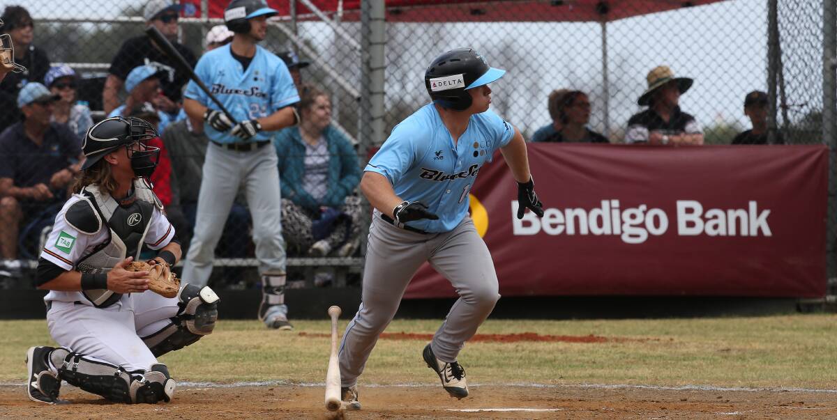 On fire: Wollongong-based Blue Sox star Alex Howe doubles in the second innings of the 21-11 loss to Canberra at Dalton Park. Illawarra product Josh Dean hopes the fixture becomes an annual Wollongong event.  Picture: Rob Peet