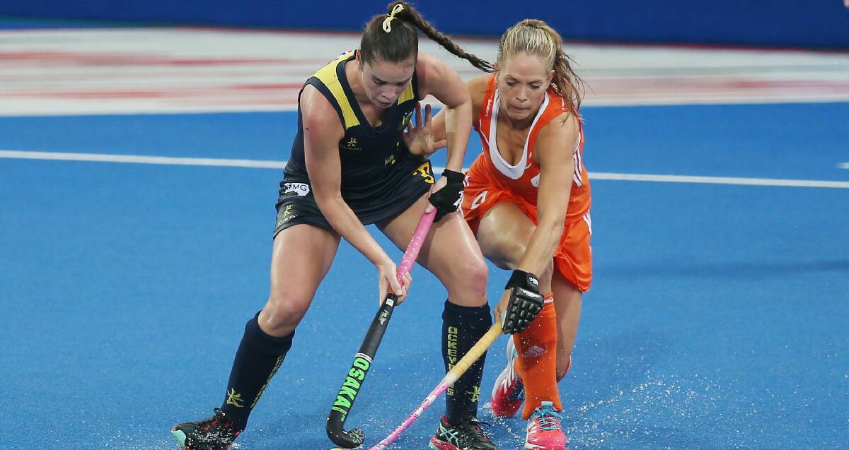 YOUNG STAR: Gerringong hockey player Grace Stewart (green) scored a goal in the Jillaroos' crushing win against South Africa in the Junior World Cup. Picture: Supplied