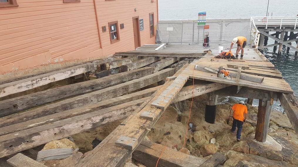 Contractors, GPM Constructions start repair works on the Tathra Wharf. It will take about eight to 10 weeks, but is dependent on weather and coastal conditions.