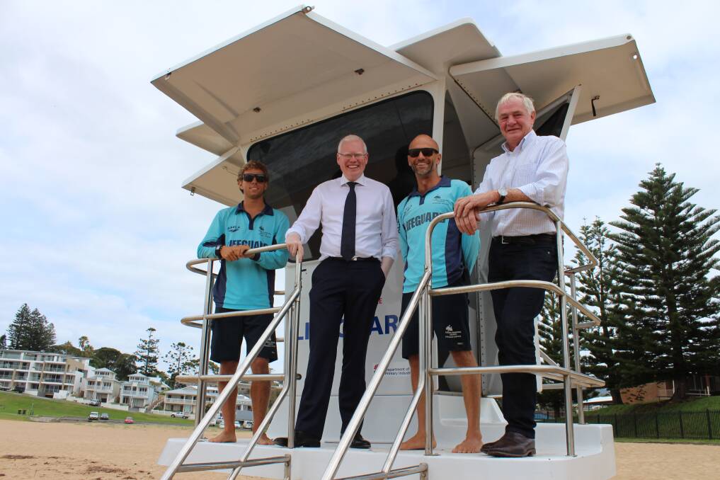 INSPECTION TIME: Member for Kiama Gareth Ward with Kiama Mayor Mark Honey, lifeguard Bryce Green and supervising lifeguard Andy Mole. Picture: Supplied