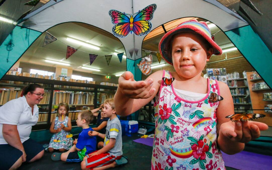 TAKING FLIGHT: Lily Koster, eight, with some orange lace wing butterflies. The ‘Butterfly House Experience’ will make its Kiama Show debut this year. Picture: Adam McLean 