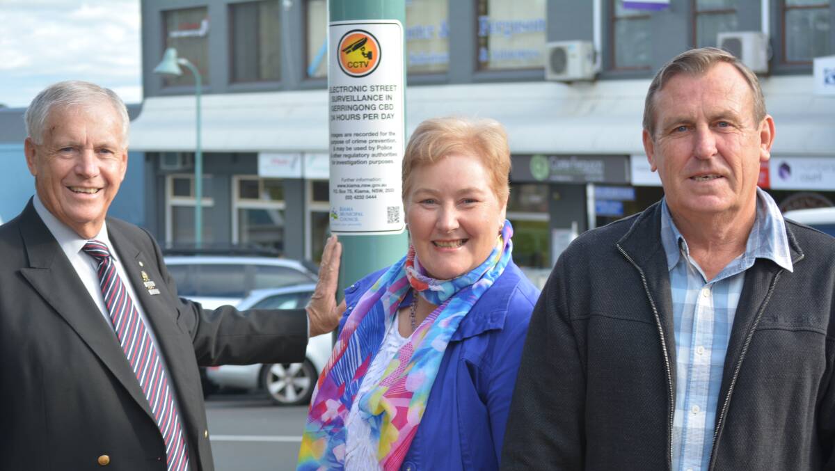 SWITCHED ON: Kiama Mayor Brian Petschler, Gilmore MP Ann Sudmalis and Kiama councillor Dennis Seage when CCTV cameras were officially launched in Gerringong earlier this year. 