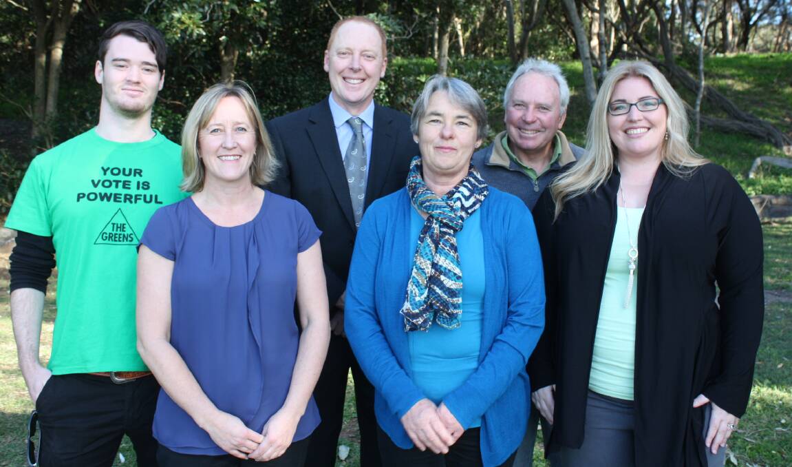 RUNNING: Members of the Greens Party ticket. (Back row) Patrick McDonald, Andrew Sloan and Warren Holder. (Front row) Jodi Keast, Kathy Rice and Beth Woodstone.