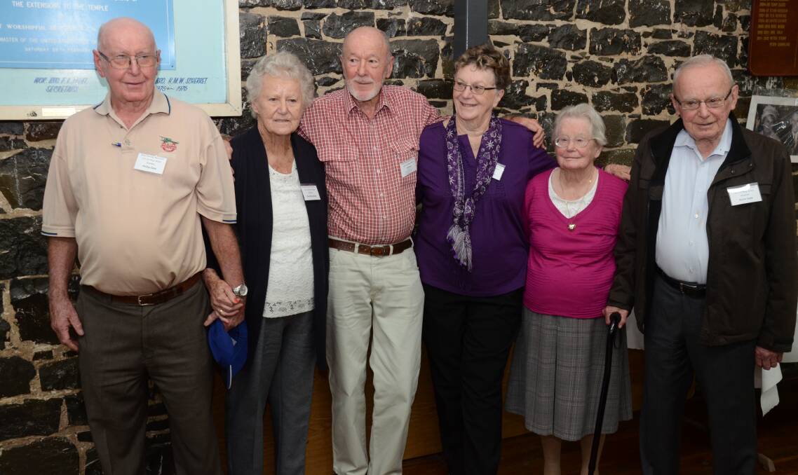 Six of the seven remaining children of May and Jack Gale. (From left to right) Phillip,
73, (now of Shellharbour), Dorothy, 84. (Mildura), Ron, 78, (Sydney), Esma, 76, (Toowoomba), Amy, 91, (Sydney), and Kevin, 86, (Canberra). Absent is John, 80, recuperating after a cancer operation in Gold Coast Hospital last February.