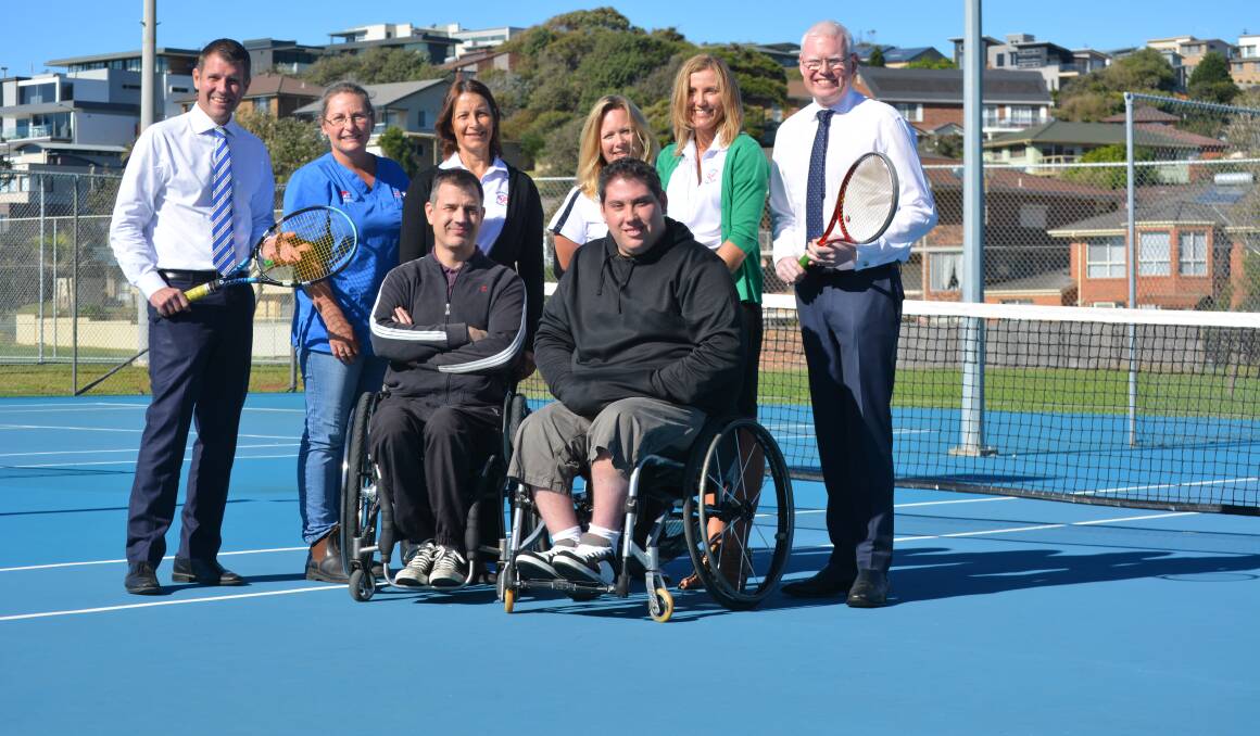 FUNDING ANNOUNCEMENT: NSW Premier Mike Baird and Kiama MP Gareth Ward with Gerringong Tennis Club members Trish Rosa, Michelle Quine, Judy Hunt and Romy Speering and wheelchair tennis players Tim Rushby-Smith and Jerry Markoja. 