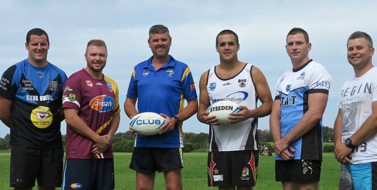 READY TO PLAY: (Left to right) Ryan Simpson, Andrew Atkins (coach), Paul Allman (president), Jye Sommers (coach), Brenton Ward and Bradley Streeting from the Southern Steelers. Picture: SUPPLIED