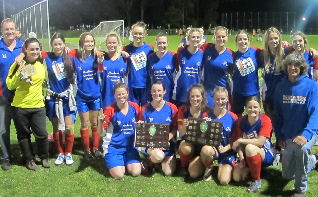 PREMIERS: The Gerringong Breakers Football Club's reserve grade side celebrating their success during the recently completed Shoalhaven District Football Association competition. Picture: SUPPLIED