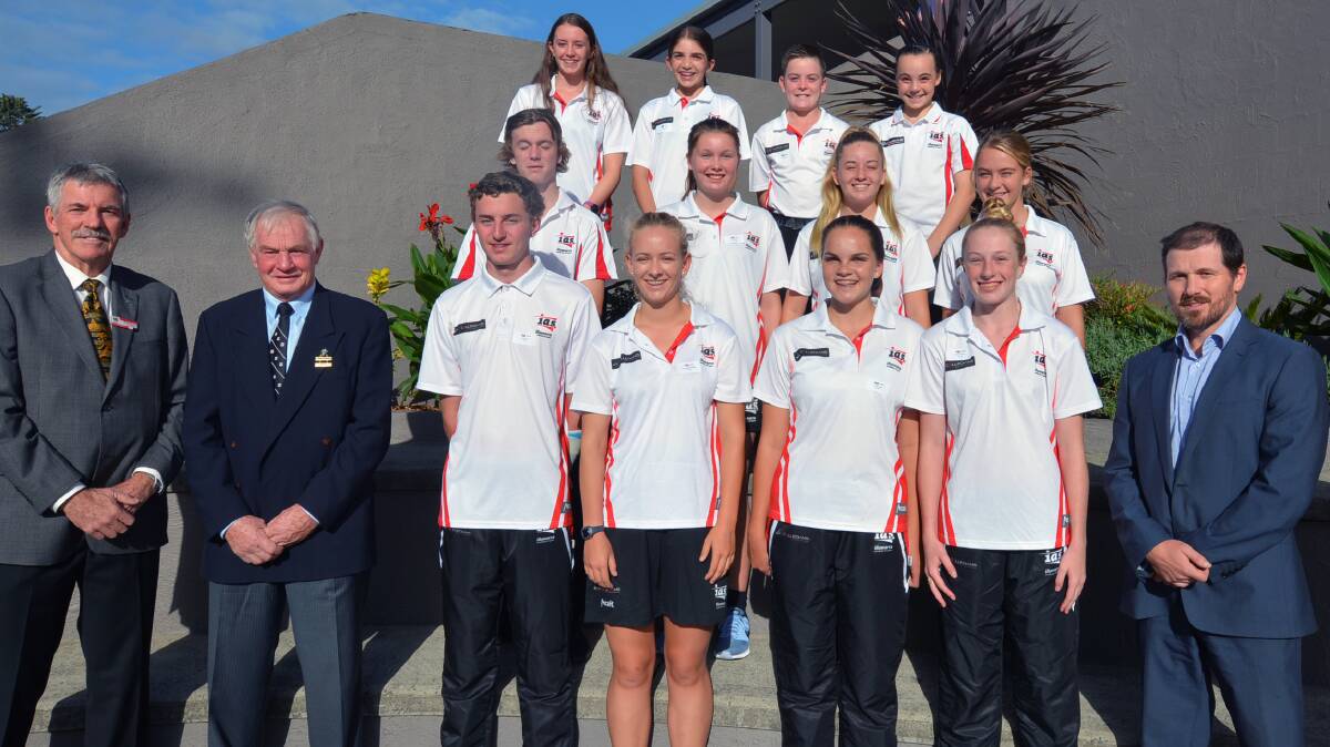 RECEPTION: Academy president Brian Weir, Kiama Mayor Mark Honey and Academy general manager Shannon Fraser with the Kiama athletes last week. Picture: Supplied
