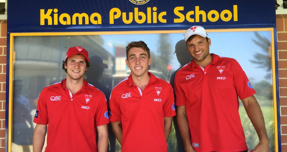 PROMOTIONAL VISIT: Sydney Swans players Tyrone Leonardis, Dan Robinson and Toby Nankervis during their recent stopover at Kiama. Picture: SUPPLIED