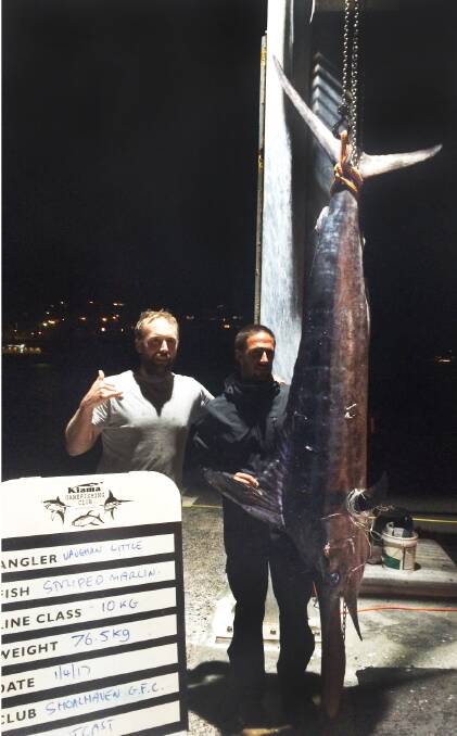 BIG FISH: Angler Vaughn Little and skipper Mitch Ryan with their 76.5kg striped marlin. Picture: Supplied