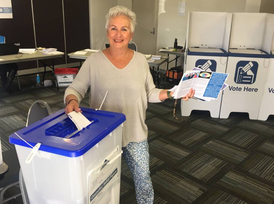 AT THE POLLS: Pre-poll voting for the Kiama council elections has begun. Lesley Timmins of Kiama Downs is pictured casting her vote. Picture: Brendan Crabb