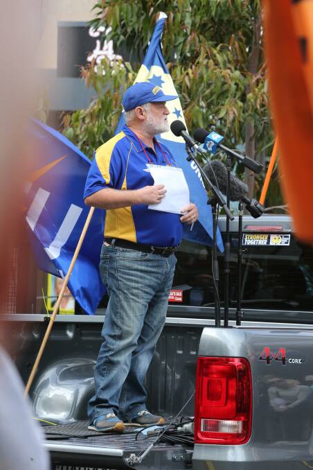 Wayne Phillips addresses a public rally in Wollongong in September during last year's Save Our Steel campaign. Picture: Robert Peet