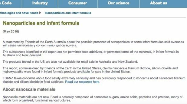 Screenshot of FSANZ's original statement in May 2016 on nanoparticles found in baby formula. Photo: FSANZ
